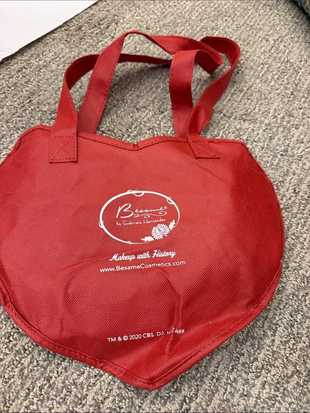 Red Heart-Shaped Tote Bag with White Script